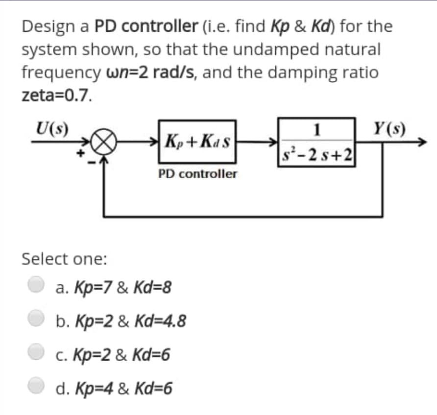 Design a PD controller (i.e. find Kp & Kd) for the
system shown, so that the undamped natural
frequency wn=2 rad/s, and the damping ratio
zeta=0.7.
U(s)
1
Y(s)
Kp + Kas
s-2 s+2
PD controller
Select one:
a. Kp=7 & Kd=8
b. Kp=2 & Kd=4.8
c. Kp=2 & Kd=6
d. Кр-4 & Ka-6
