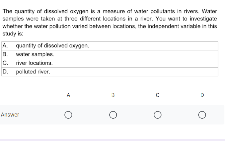 The quantity of dissolved oxygen is a measure of water pollutants in rivers. Water
samples were taken at three different locations in a river. You want to investigate
whether the water pollution varied between locations, the independent variable in this
study is:
quantity of dissolved oxygen.
В.
А.
water samples.
С.
river locations.
D. polluted river.
A
В
Answer
