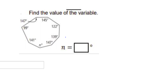 Find the value of the variable.
147
145
99
122
141
139
147
n =
