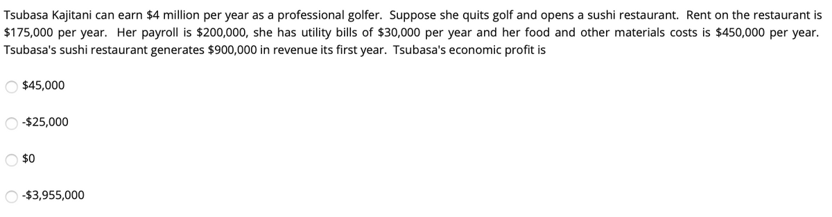Tsubasa Kajitani can earn $4 million per year as a professional golfer. Suppose she quits golf and opens a sushi restaurant. Rent on the restaurant is
$175,000 per year. Her payroll is $200,000, she has utility bills of $30,000 per year and her food and other materials costs is $450,000 per year.
Tsubasa's sushi restaurant generates $900,000 in revenue its first year. Tsubasa's economic profit is
$45,000
-$25,000
$0
-$3,955,000
