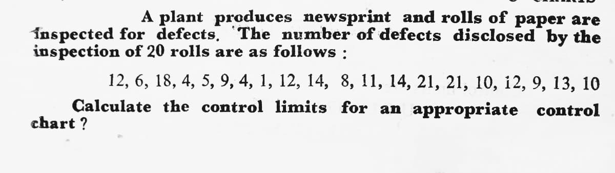 A plant produces newsprint and rolls of paper are
Inspected for defects, The number of defects disclosed by the
inspection of 20 rolls are as follows :
12, 6, 18, 4, 5, 9, 4, 1, 12, 14, 8, 11, 14, 21, 21, 10, i2, 9, 13, 10
Calculate the control limits for an appropriate control
chart ?
