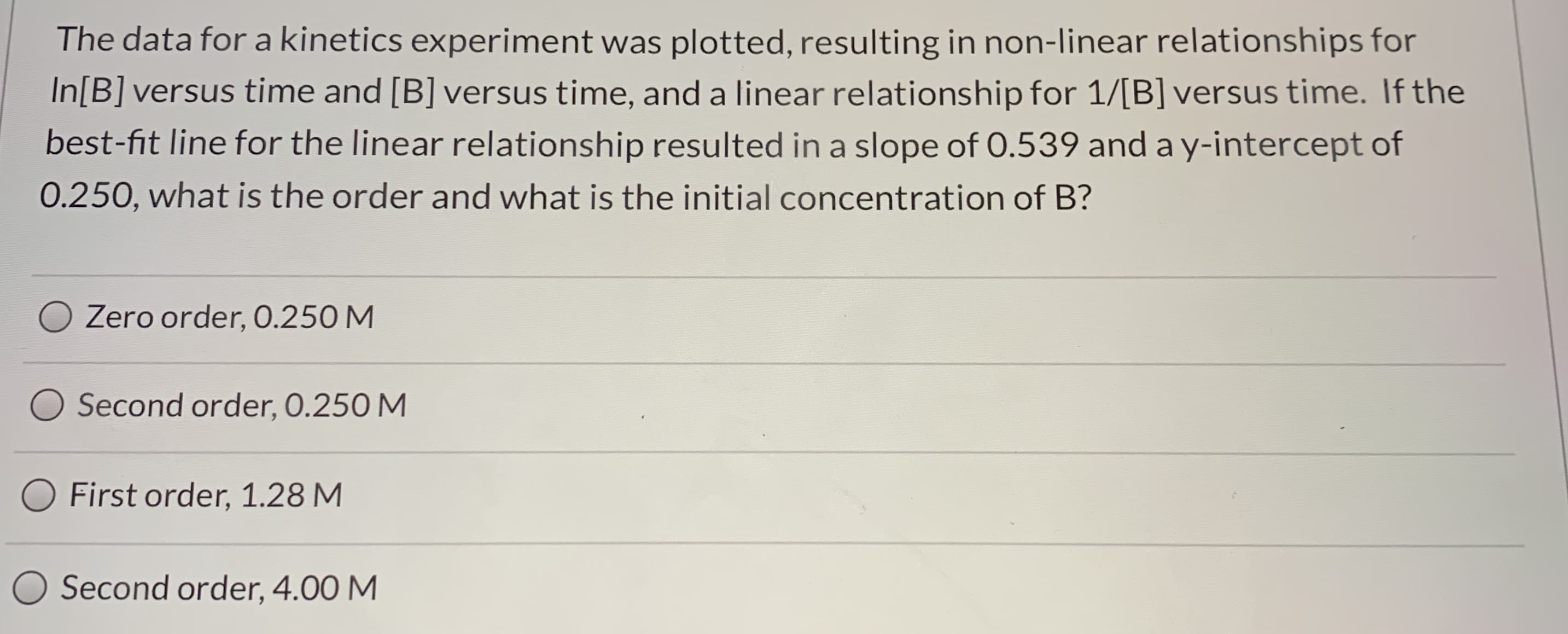 a linear relationship for 1/[B] versus time.
