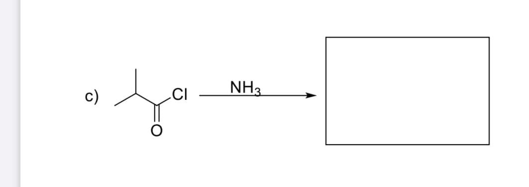 **Reaction of Acid Chloride with Ammonia**

In this chemical reaction diagram, we begin with an acid chloride, specifically 2-chloropropanoyl chloride (displayed on the left). The structural formula of the initial compound is:

\[ \text{CH}_3-\text{CHCl}-\text{C(=O)}\text{-Cl} \]

This compound undergoes a reaction with ammonia (NH₃), which is depicted as an arrow pointing towards a blank box on the right, indicating the formation of a new product.

**Steps of the Reaction:**

1. **Starting Material:**
   - 2-Chloropropanoyl chloride (CH₃-CHCl-COCl)

2. **Reagent:**
   - Ammonia (NH₃)

3. **Reaction Details:**
   - The carbonyl group (C=O) bonded to the chlorine (Cl) is highly electrophilic. 
   - Ammonia (NH₃) acts as a nucleophile and attacks the carbonyl carbon.
   - This reaction leads to the substitution of the chlorine atom by an amino group (NH₂), yielding an amide as the final product.

The final product that forms here is 2-chloropropanamide (CH₃-CHCl-CONH₂).

**Diagram Explanation:**

The left side shows the structural formula of the starting material (2-chloropropanoyl chloride). The arrow with the label "NH₃" points towards an empty box, which signifies the product that will be formed after the reaction with ammonia. This educational representation is typical when teaching students about the nucleophilic acyl substitution reactions in organic chemistry.

Understanding this transformation is crucial as it illustrates how acid chlorides react with ammonia to form amides, which are important functional groups in organic synthesis and biochemistry.