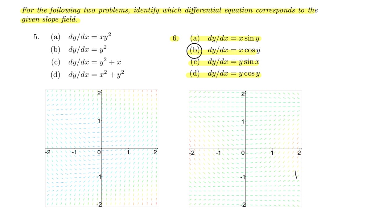 For the following two problems, identify which differential equation corresponds to the
given slope field.
5. (a)
dy/dx
(b) dy/dx = y²
(c) _dy/dx = y² + x
(d) dy/dx = x² + y²
-2
-1
xy²
2
O
-1
-2
2
6.
(a) dy/dx
((b)) dy/dx
-2
= x sin y
x cos y
dy/dx = y sin x
(d) dy/dx = y cos y
-1
=
2
1
0
-1
-2
1
2