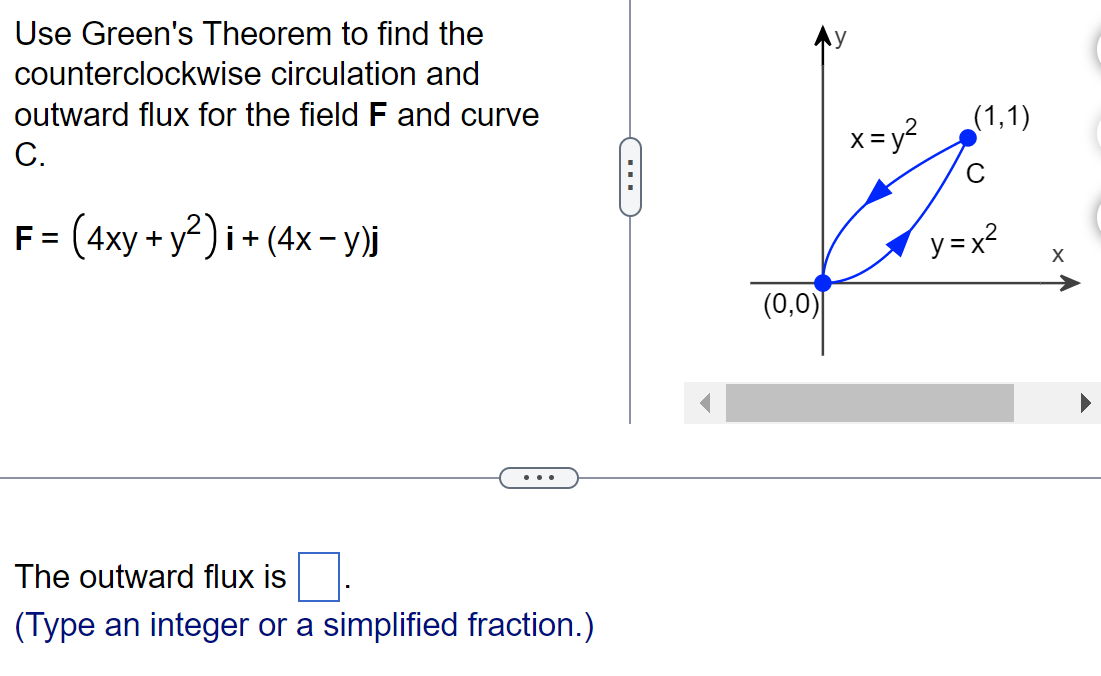 Use Green's Theorem to find the
counterclockwise circulation and
outward flux for the field F and curve
C.
F = (4xy + y²)i + (4x - y)j
The outward flux is
(Type an integer or a simplified fraction.)
C
(0,0)
x=y²
(1,1)
с
y=x²
X