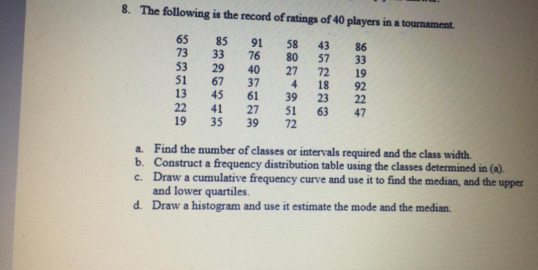 8. The following is the record of ratings of 40 players in a tounament.
65
73
53
51
85
33
91
76
58
80
43
86
29
67
45
57
72
18
23
63
33
19
92
22
40
27
4
39
51
72
37
61
13
22
19
41
35
27
39
47
a. Find the number of classes or intervals required and the class width.
b. Construct a frequency distribution table using the classes determined in (a).
c. Draw a cumulative frequency curve and use it to find the median, and the
and lower quartiles.
d. Draw a histogram and use it estimate the mode and the median.
upper
