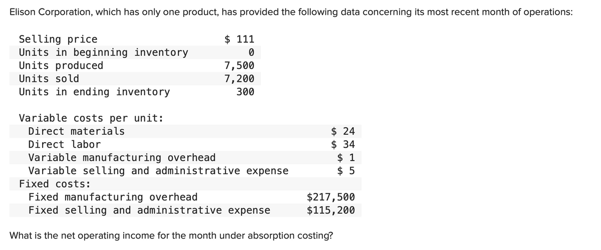 Elison Corporation, which has only one product, has provided the following data concerning its most recent month of operations:
Selling price
Units in beginning inventory
Units produced
Units sold
Units in ending inventory
$ 111
0
7,500
7,200
300
Variable costs per unit:
Direct materials
Direct labor
Variable manufacturing overhead
Variable selling and administrative expense
Fixed costs:
Fixed manufacturing overhead
Fixed selling and administrative expense
What is the net operating income for the month under absorption costing?
$24
$ 34
$ 1
$5
$217,500
$115, 200