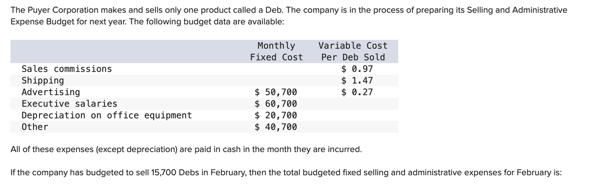 The Puyer Corporation makes and sells only one product called a Deb. The company is in the process of preparing its Selling and Administrative
Expense Budget for next year. The following budget data are available:
Sales commissions
Shipping
Advertising
Executive salaries
Depreciation on office equipment
Other
Monthly
Fixed Cost
$50,700
$ 60,700
$ 20,700
$ 40,700
Variable Cost
Per Deb Sold
$ 0.97
$ 1.47
$ 0.27
All of these expenses (except depreciation) are paid in cash in the month they are incurred.
If the company has budgeted to sell 15,700 Debs in February, then the total budgeted fixed selling and administrative expenses for February is: