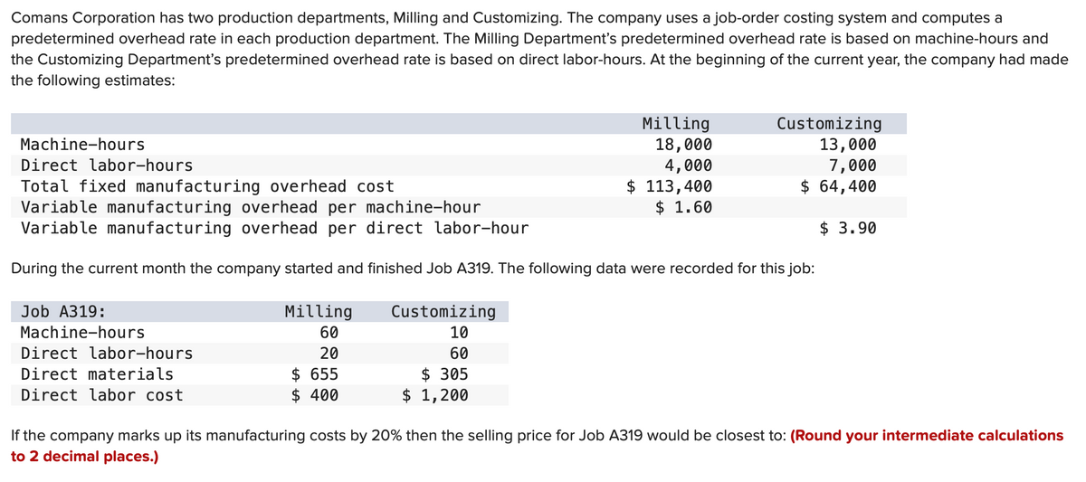 Comans Corporation has two production departments, Milling and Customizing. The company uses a job-order costing system and computes a
predetermined overhead rate in each production department. The Milling Department's predetermined overhead rate is based on machine-hours and
the Customizing Department's predetermined overhead rate is based on direct labor-hours. At the beginning of the current year, the company had made
the following estimates:
Machine-hours
Job A319:
Machine-hours
Direct labor-hours
Total fixed manufacturing overhead cost
Variable manufacturing overhead per machine-hour
Variable manufacturing overhead per direct labor-hour
During the current month the company started and finished Job A319. The following data were recorded for this job:
Direct labor-hours
Direct materials
Direct labor cost
Milling
60
20
$ 655
$ 400
Milling
18,000
4,000
$ 113,400
$ 1.60
Customizing
10
60
$ 305
$ 1,200
Customizing
13,000
7,000
$ 64,400
$ 3.90
If the company marks up its manufacturing costs by 20% then the selling price for Job A319 would be closest to: (Round your intermediate calculations
to 2 decimal places.)