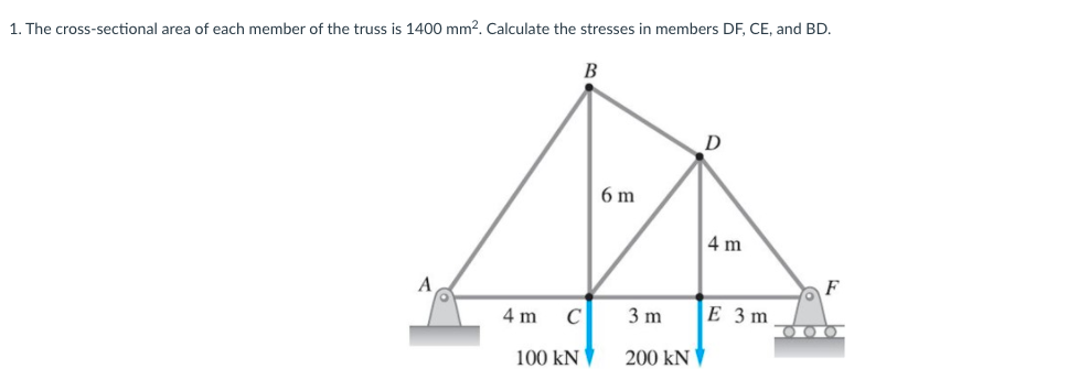 1. The cross-sectional area of each member of the truss is 1400 mm?. Calculate the stresses in members DF, CE, and BD.
В
D
6 m
4 m
A
F
4 m
C
3 m
Е 3m
100 kN
200 kN
