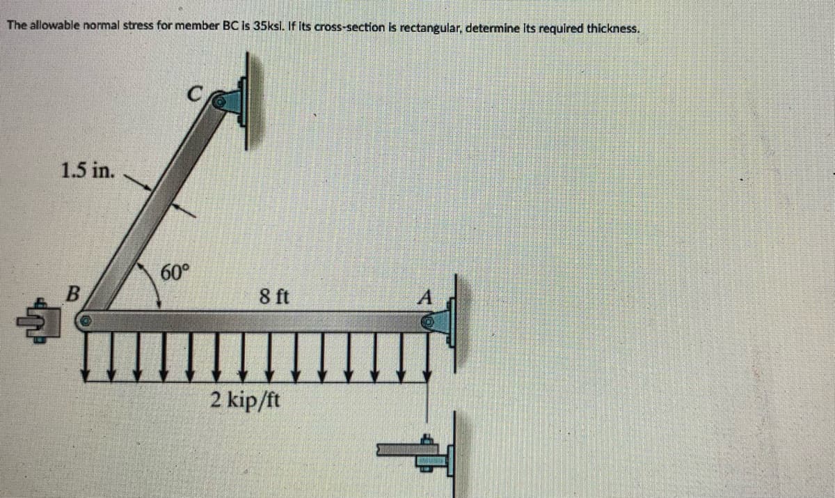 The allowable normal stress for member BC is 35ksl. If Its cross-section is rectangular, determine its required thickness.
1.5 in.
60°
B
8 ft
2 kip/ft
