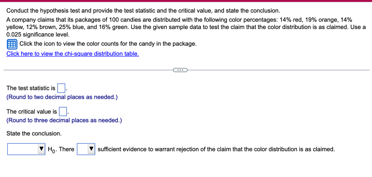 Conduct the hypothesis test and provide the test statistic and the critical value, and state the conclusion.
A company claims that its packages of 100 candies are distributed with the following color percentages: 14% red, 19% orange, 14%
yellow, 12% brown, 25% blue, and 16% green. Use the given sample data to test the claim that the color distribution is as claimed. Use a
0.025 significance level.
E Click the icon to view the color counts for the candy in the package.
Click here to view the chi-square distribution table.
...
The test statistic is
(Round to two decimal places as needed.)
The critical value is.
(Round to three decimal places as needed.)
State the conclusion.
Ho. There
sufficient evidence to warrant rejection of the claim that the color distribution is as claimed.
