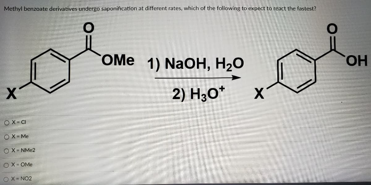 Methyl benzoate derivatives undergo saponification at different rates, which of the following to expect to react the fastest?
OMe
1) NaOH, H2O
HO,
2) H3O*
X'
O X = CI
O X = Me
O X = NME2
O X = OMe
O X = NO2
