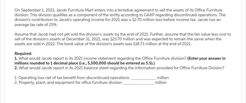 On September 1, 2021, Jacob Furniture Mart enters into a tentative agreement to sell the assets of its Office Furniture
division. This division qualifies as a component of the entity according to GAAP regarding discontinued operations. The
division's contribution to Jacob's operating income for 2021 was a $2.70 million loss before income tax. Jacob has an
average tax rate of 25%.
Assume that Jacob had not yet sold the division's assets by the end of 2021. Further, assume that the fair value less cost to
sell of the division's assets at December 31, 2021, was $23.70 million and was expected to remain the same when the
assets are sold in 2022. The book value of the division's assets was $18.73 million at the end of 2021.
Required:
1. What would Jacob report in its 2021 income statement regarding the Office Furniture division? (Enter your answer in
millions rounded to 1 decimal place (i.e., 5,500,000 should be entered as 5.5).)
2. What would Jacob report in its 2021 balance sheet regarding the information provided for Office Furniture Division?
1. Operating loss net of tax benefit from discontinued operations
2. Property, plant, and equipment for office furniture division
million
million