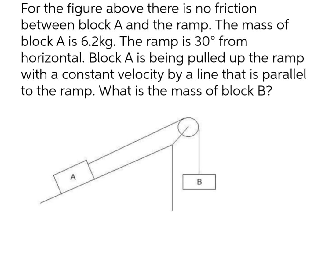 For the figure above there is no friction
between block A and the ramp. The mass of
block A is 6.2kg. The ramp is 30° from
horizontal. Block A is being pulled up the ramp
with a constant velocity by a line that is parallel
to the ramp. What is the mass of block B?
A
B