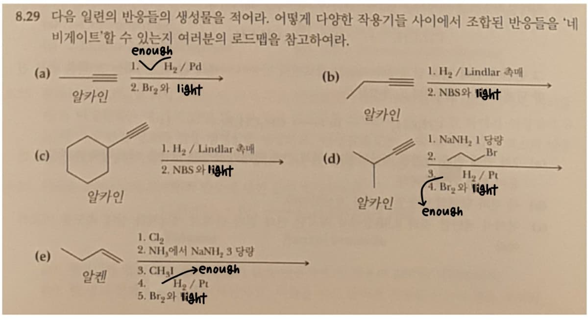 8.29 다음 일련의 반응들의 생성물을 적어라. 어떻게 다양한 작용기들 사이에서 조합된 반응들을 '네
비게이트'할 수 있는지 여러분의 로드맵을 참고하여라.
enough
(a)
H2/ Pd
1. H2 / Lindlar u
(b)
알카인
2. Brg 와 light
2. NBS와 ight
알카인
1. H2 / Lindlar Fu
1. NANH, 1
Br
(c)
(d)
2.
2. NBS 와 Hght
3.
H2/Pt
4. Brg 와 light
알카인
알카인
enough
1. Cl2
2. NH,에서 NaNIH, 3 당량
3. CH,I enough
(e)
알켄
H2/Pt
5. Brg와 1ight
4.
