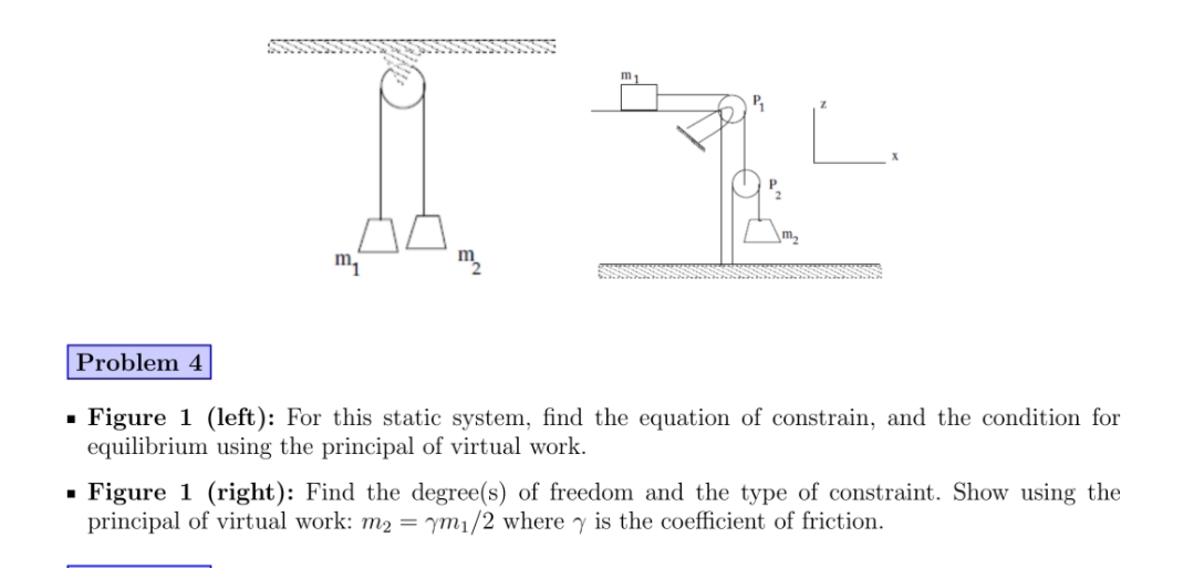 L.
m,
Problem 4
· Figure 1 (1left): For this static system, find the equation of constrain, and the condition for
equilibrium using the principal of virtual work.
· Figure 1 (right): Find the degree(s) of freedom and the type of constraint. Show using the
principal of virtual work: m2 = ym1/2 where y is the coefficient of friction.
