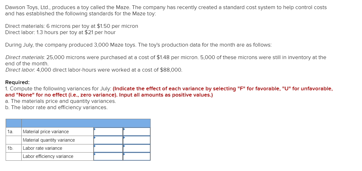 Dawson Toys, Ltd., produces a toy called the Maze. The company has recently created a standard cost system to help control costs
and has established the following standards for the Maze toy:
Direct materials: 6 microns per toy at $1.50 per micron
Direct labor: 1.3 hours per toy at $21 per hour
During July, the company produced 3,000 Maze toys. The toy's production data for the month are as follows:
Direct materials. 25,000 microns were purchased at a cost of $1.48 per micron. 5,000 of these microns were still in inventory at the
end of the month.
Direct labor. 4,000 direct labor-hours were worked at a cost of $88,000.
Required:
1. Compute the following variances for July: (Indicate the effect of each variance by selecting "F" for favorable, "U" for unfavorable,
and "None" for no effect (i.e., zero variance). Input all amounts as positive values.)
a. The materials price and quantity variances.
b. The labor rate and efficiency variances.
1a.
Material price variance
Material quantity variance
1b.
Labor rate variance
Labor efficiency variance
