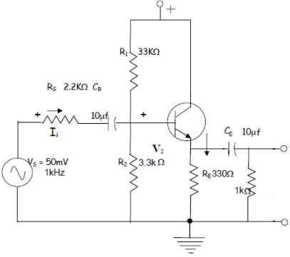 RI33KO
Rs 2.2KN Ce
+
I
Ç 10µf
Ys = 50mV
1kHz
3.3kn
RE3300
1ko
+
