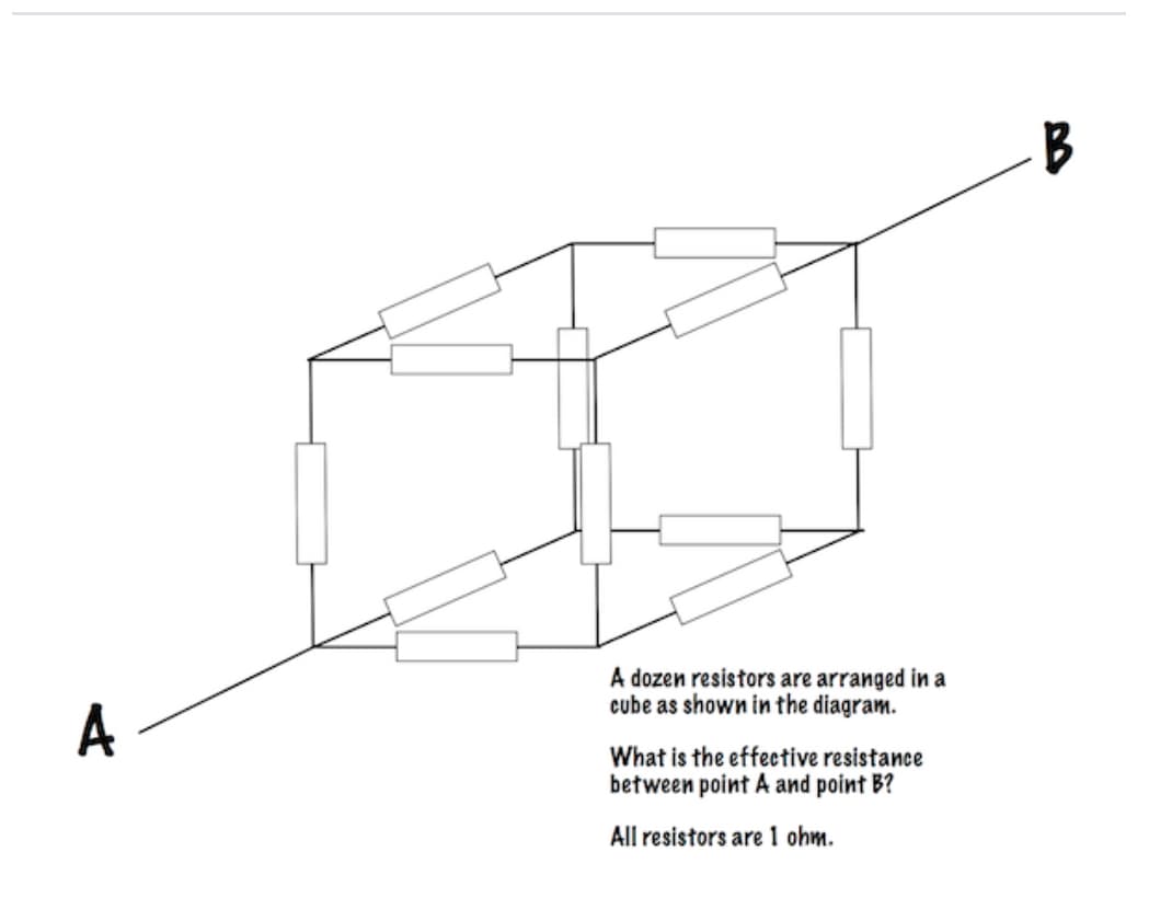 A
A dozen resistors are arranged in a
cube as shown in the diagram.
What is the effective resistance
between point A and point B?
All resistors are 1 ohm.
B