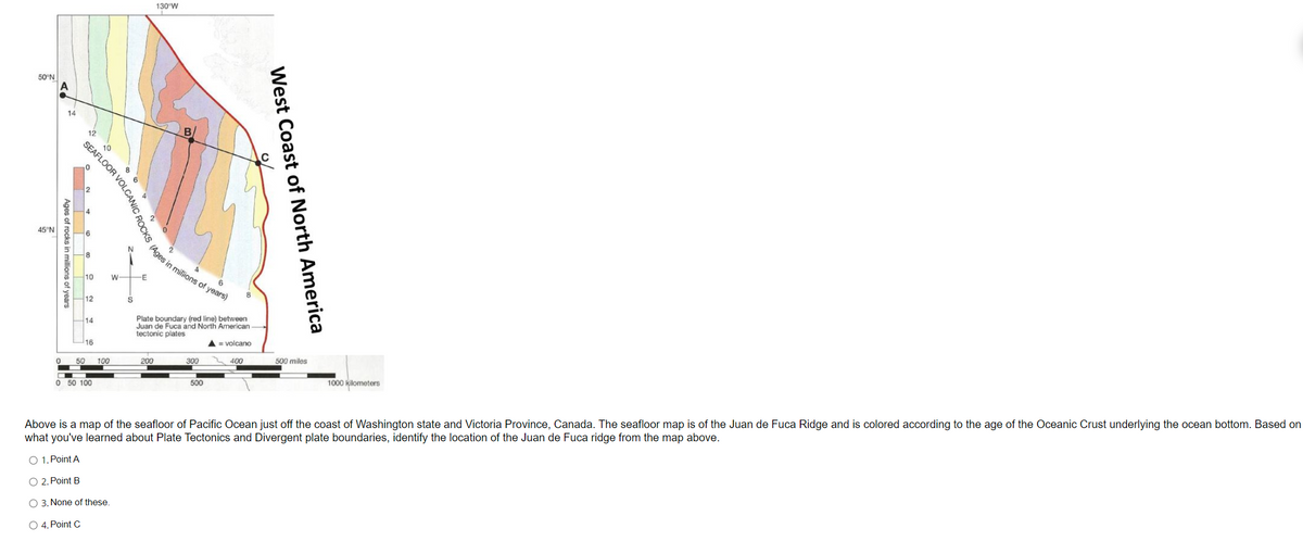 50°N
45°N
0
14
Ages of rocks in millions of years
12
10
SEAFLOOR VOLCA
8
10
12
14
16
50 100
C
0 50 100
W-
S
OCKS (Ages in millions of years)
E
130 W
200
Plate boundary (red line) between
Juan de Fuca and North American
tectonic plates
300
500
8
= volcano
400
West Coast of North America
500 miles
1000 kilometers
Above is a map of the seafloor of Pacific Ocean just off the coast of Washington state and Victoria Province, Canada. The seafloor map is of the Juan de Fuca Ridge and is colored according to the age of the Oceanic Crust underlying the ocean bottom. Based on
what you've learned about Plate Tectonics and Divergent plate boundaries, identify the location of the Juan de Fuca ridge from the map above.
O 1. Point A
O 2, Point B
O 3. None of these.
O 4, Point C