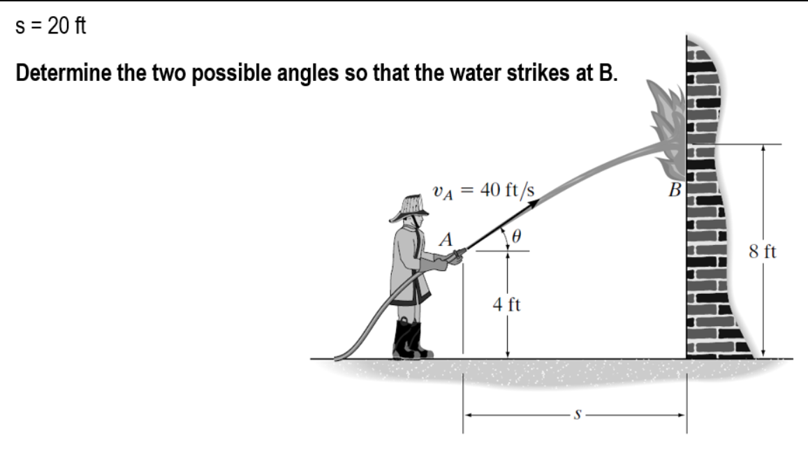 s = 20 ft
Determine the two possible angles so that the water strikes at B.
VA =
40 ft/s
0
4 ft
B
8 ft