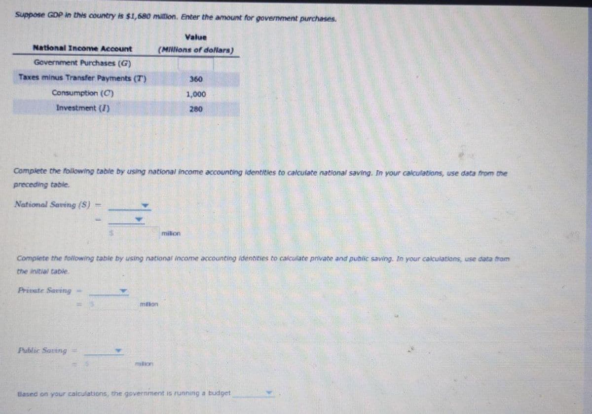 Suppose GDP in this country is $1,680 million. Enter the amount for government purchases.
Value
National Income Account
(MNNons of dollars)
Government Purchases (G)
Taxes minus Transfer Payments (T)
360
Consumption (C)
1,000
Investment (I)
280
Complete the folowing table by using national income accounting identities to calculate national saving. In your calculations, use data from the
preceding table.
National Saving (S)
milion
Complete the following table by using national income accounting identities to calculate private and public saving. In your calculations, use data fram
the initial table
Prieate Sering
melon
Public Saving=
mlon
Based on your calculations, the government is running a budget
