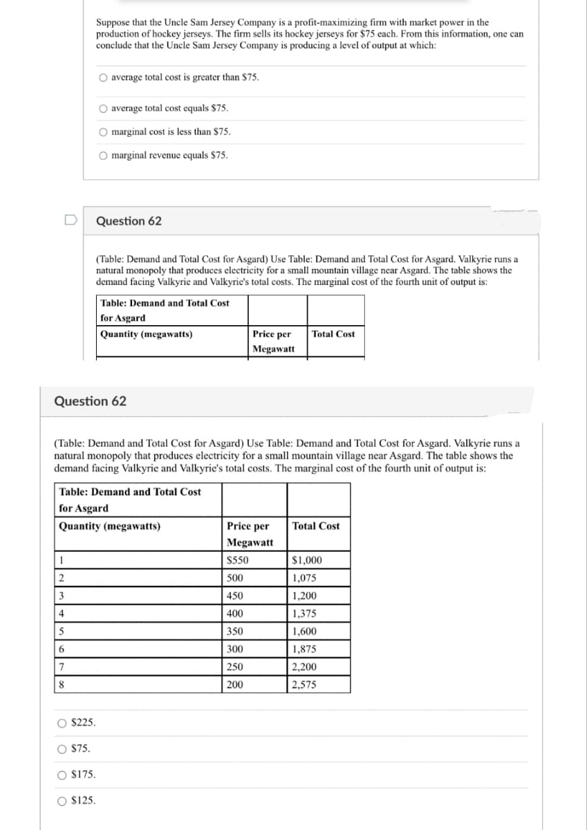1
2
Question 62
3
4
5
6
7
8
Suppose that the Uncle Sam Jersey Company is a profit-maximizing firm with market power in the
production of hockey jerseys. The firm sells its hockey jerseys for $75 each. From this information, one can
conclude that the Uncle Sam Jersey Company is producing a level of output at which:
O average total cost is greater than $75.
O average total cost equals $75.
O marginal cost is less than $75.
O marginal revenue equals $75.
O $225.
Question 62
Table: Demand and Total Cost
for Asgard
Quantity (megawatts)
O $75.
(Table: Demand and Total Cost for Asgard) Use Table: Demand and Total Cost for Asgard. Valkyrie runs a
natural monopoly that produces electricity for a small mountain village near Asgard. The table shows the
demand facing Valkyrie and Valkyrie's total costs. The marginal cost of the fourth unit of output is:
(Table: Demand and Total Cost for Asgard) Use Table: Demand and Total Cost for Asgard. Valkyrie runs a
natural monopoly that produces electricity for a small mountain village near Asgard. The table shows the
demand facing Valkyrie and Valkyrie's total costs. The marginal cost of the fourth unit of output is:
O
Table: Demand and Total Cost
for Asgard
Quantity (megawatts)
O $175.
$125.
Price per
Megawatt
Price per
Megawatt
$550
500
450
400
350
300
250
200
Total Cost
Total Cost
$1,000
1,075
1,200
1,375
1,600
1,875
2,200
2,575