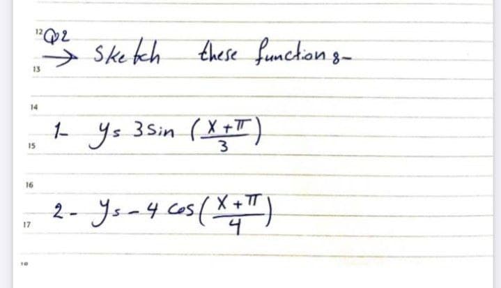 "Q2
→
Sketch
these functon g-
14
1 ys 3Sin (X +T)
3.
15
16
2- Ys-4 co.
X +TT
17
