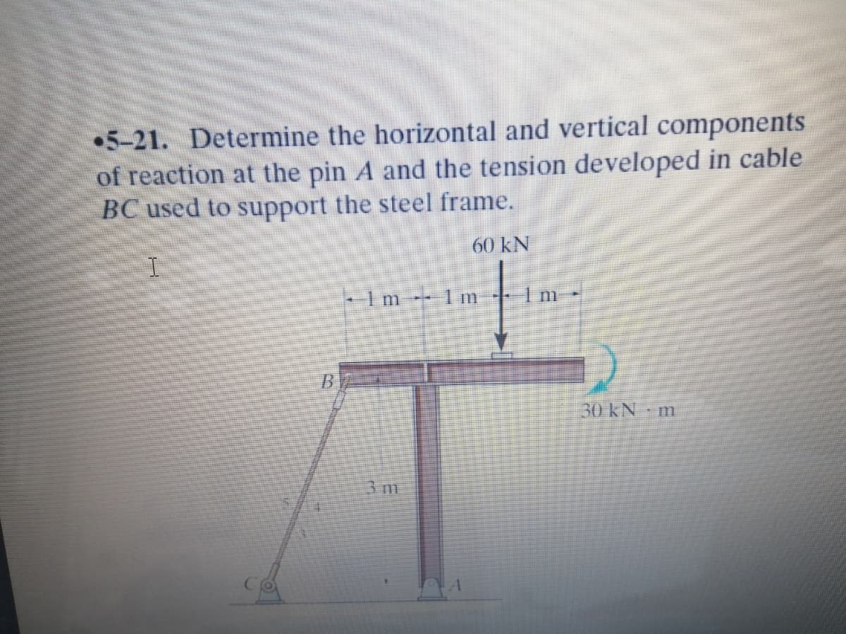 •5-21. Determine the horizontal and vertical components
of reaction at the pin A and the tension developed in cable
BC used to support the steel frame.
60 kN
-1m 1m
30KN m
3m
