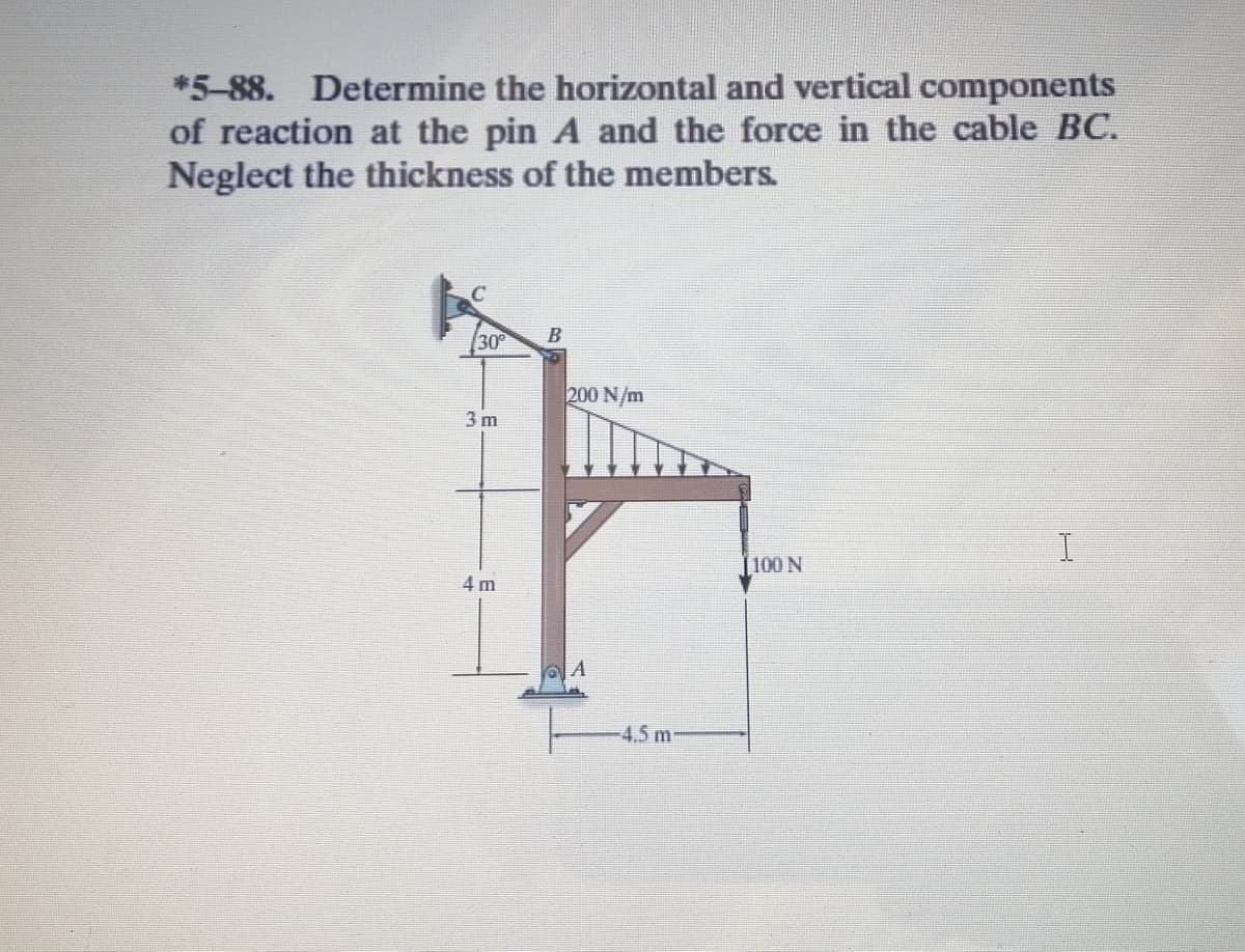 *5-88. Determine the horizontal and vertical components
of reaction at the pin A and the force in the cable BC.
Neglect the thickness of the members.
30
200 N/m
3 m
|100 N
4 m
4.5 m
