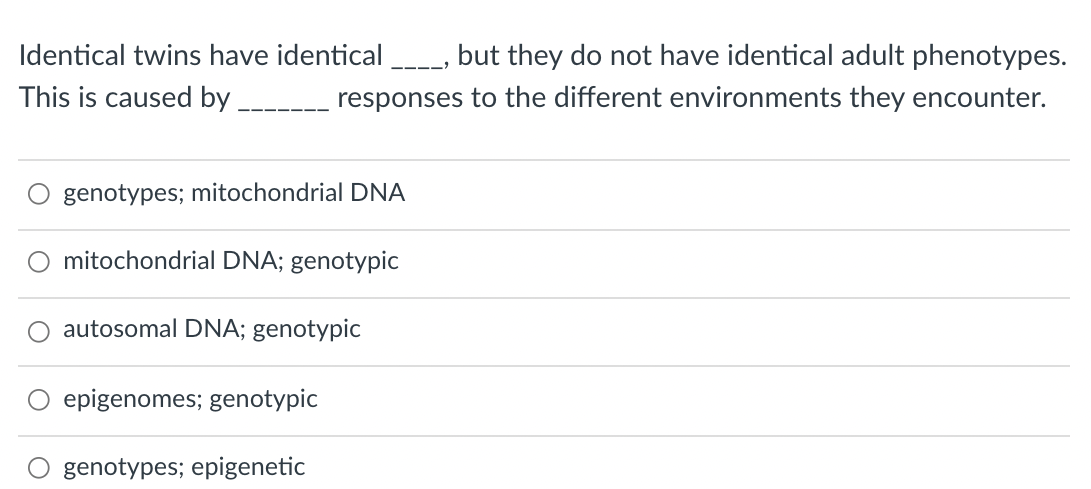 Identical twins have identical
but they do not have identical adult phenotypes.
----
This is caused by
responses to the different environments they encounter.
genotypes; mitochondrial DNA
mitochondrial DNA; genotypic
autosomal DNA; genotypic
epigenomes; genotypic
genotypes; epigenetic
