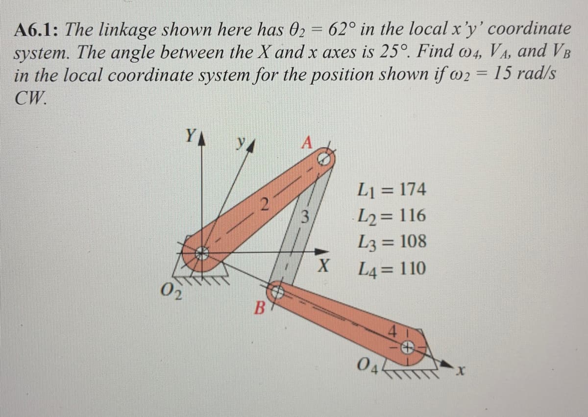 A6.1: The linkage shown here has 02 = 62° in the local x'y' coordinate
system. The angle between the X and x axes is 25°. Find w4, VA, and VB
in the local coordinate system for the position shown if w2 = 15 rad/s
CW.
L₁ = 174
L2=116
L3 = 108
X
L4=110
B
04