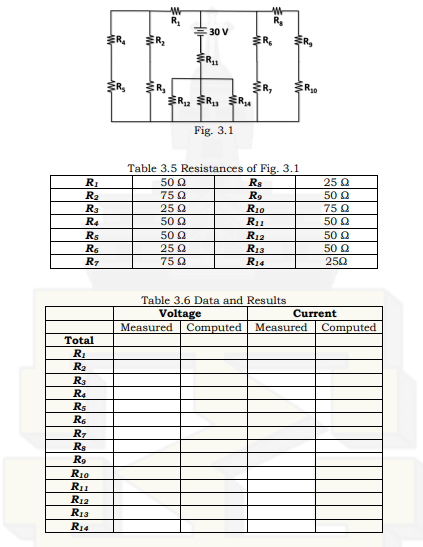 R₁
R₂
R₂
R4
R$
R₂
R7
Total
R₂
R₂
R₂
R₁
R$
R6
R7
Rs
R₂
R₁0
R₁1
R12
R13
R₁4
RA
R₂
R₂
R₂
W
R₂
30 V
R₂1
R₁2 R₁ R₁4
Fig. 3.1
W
R₂
ER₂
R13
R₁4
Table 3.5 Resistances of Fig. 3.1
50 Q
Rs
75 Ω
R₂
25 Ω
R₁0
50 Ω
R₁1
50 Ω
R₁2
25 Ω
75 Ω
ER₂
Table 3.6 Data and Results
Voltage
R₂0
25 Q
50 Ω
75 Ω
50 Ω
50 Ω
50 Q
250
Current
Measured Computed Measured Computed