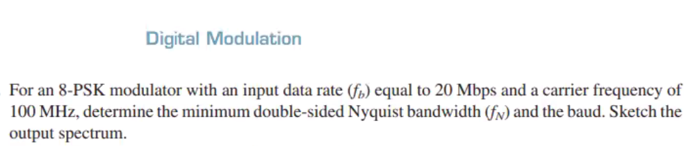 Digital Modulation
For an 8-PSK modulator with an input data rate (f) equal to 20 Mbps and a carrier frequency of
100 MHz, determine the minimum double-sided Nyquist bandwidth (f) and the baud. Sketch the
output spectrum.