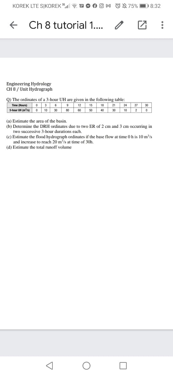 KOREK LTE SIKOREK 30.|| E E O A O M O N 75% D 8:32
E Ch 8 tutorial 1..
Engineering Hydrology
CH 8 / Unit Hydrograph
Q) The ordinates of a 3-hour UH are given in the following table:
0 3
6
Time (Hours)
3-hour UH (m/s)
9
12
15
18
21
24
27
30
10
30
80
60
50
40
30
10
2
(a) Estimate the area of the basin,
(b) Determine the DRH ordinates due to two ER of 2 cm and 3 cm occurring in
two successive 3-hour durations each.
(c) Estimate the flood hydrograph ordinates if the base flow at time 0 h is 10 m/s
and increase to reach 20 m/s at time of 30h.
(d) Estimate the total runoff volume
