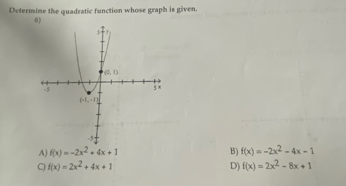 Determine the quadratic function whose graph is given.
6)
(-1,-1)
A+++
I
(0, 1)
-st
A) f(x) = -2x2 + 4x + 1
C) f(x) = 2x² + 4x + 1
5x
ini bas ats
B) f(x) = -2x2 - 4x-1
D) f(x) = 2x² - 8x + 1