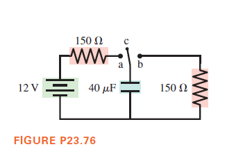 150 Ω
a
b
12 V
40 μF
150 Ω
FIGURE P23.76
