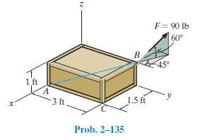 F = 90 lb
60°
45°
1 ft
A.
3 ft
1.5 ft
Prob. 2–135
