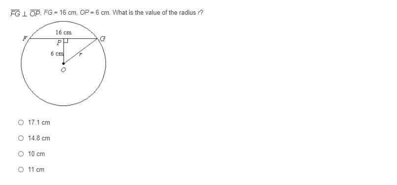 FG 1 OP, FG = 16 cm, OP = 6 cm. What is the value of the radius ?
16 cm
P
6 cm
O 17.1 cm
O 14.8 cm
O 10 cm
O 11 cm
