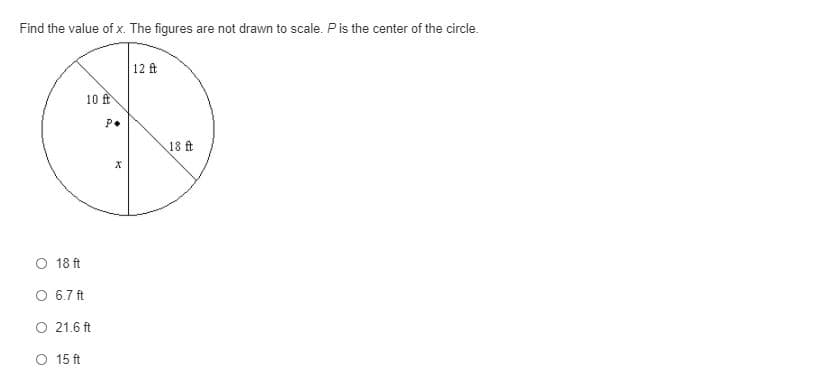 Find the value of x. The figures are not drawn to scale. Pis the center of the circle.
12 ft
10 f
P.
18 ft
O 18 ft
O 6.7 ft
O 21.6 ft
O 15 ft
