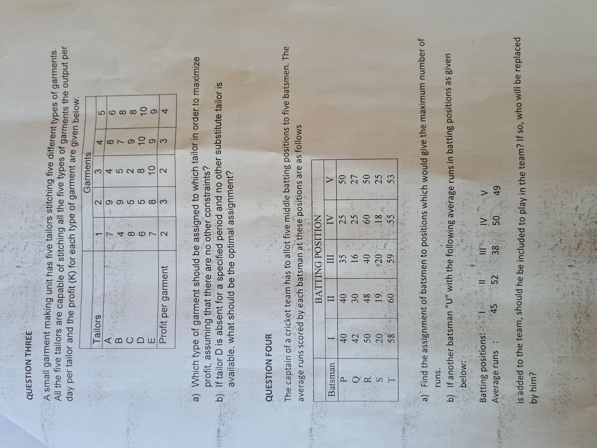 34528O2
2996O583
45
ABCD
QUESTION THREE
A small garment making unit has five tailors stitching five different types of garments.
All the five tailors are capable of stitching all the five types of garments the output per
day per tailor and the profit (K) for each type of garment are given below:
Garments
Tailors
1.
4.
5.
9.
8.
6
8.
4.
8.
7.
6.
8.
E.
Profit per garment
10
6.
4.
7.
6.
3.
a) Which type of garment should be assigned to which tailor in order to maximize
profit, assuming that there are no other constraints?
b) If tailor D is absent for a specified period and no other substitute tailor is
available, what should be the optimal assignment?
QUESTION FOUR
The captain of a cricket team has to allot five middle batting positions to five batsmen. The
average runs scored by each batsman at these positions are as follows
BATTING POSITION
Batsman
III
35
II
40
42
25
40
30
48
25
27
40
09
1.
09
20.
25
55
53
a) Find the assignment of batsmen to positions which would give the maximum number of
runs.
b) If another batsman "U" with the following average runs in batting positions as given
below:
Batting positions:
Average runs :
II
52 38
50
49.
is added to the team, should he be included to play in the team? If so, who will be replaced
by him?
