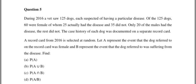 Question 5
During 2016 a vet saw 125 dogs, each suspected of having a particular disease. Of the 125 dogs,
60 were female of whom 25 actually had the disease and 35 did not. Only 20 of the males had the
disease, the rest did not. The case history of each dog was documented on a separate record card.
A record card from 2016 is selected at random. Let A represent the event that the dog referred to
on the record card was female and B represent the event that the dog referred to was suffering from
the disease. Find:
(a) P(A)
(b) P(A U B)
(c) P(A N B)
(d) P(A/B)
