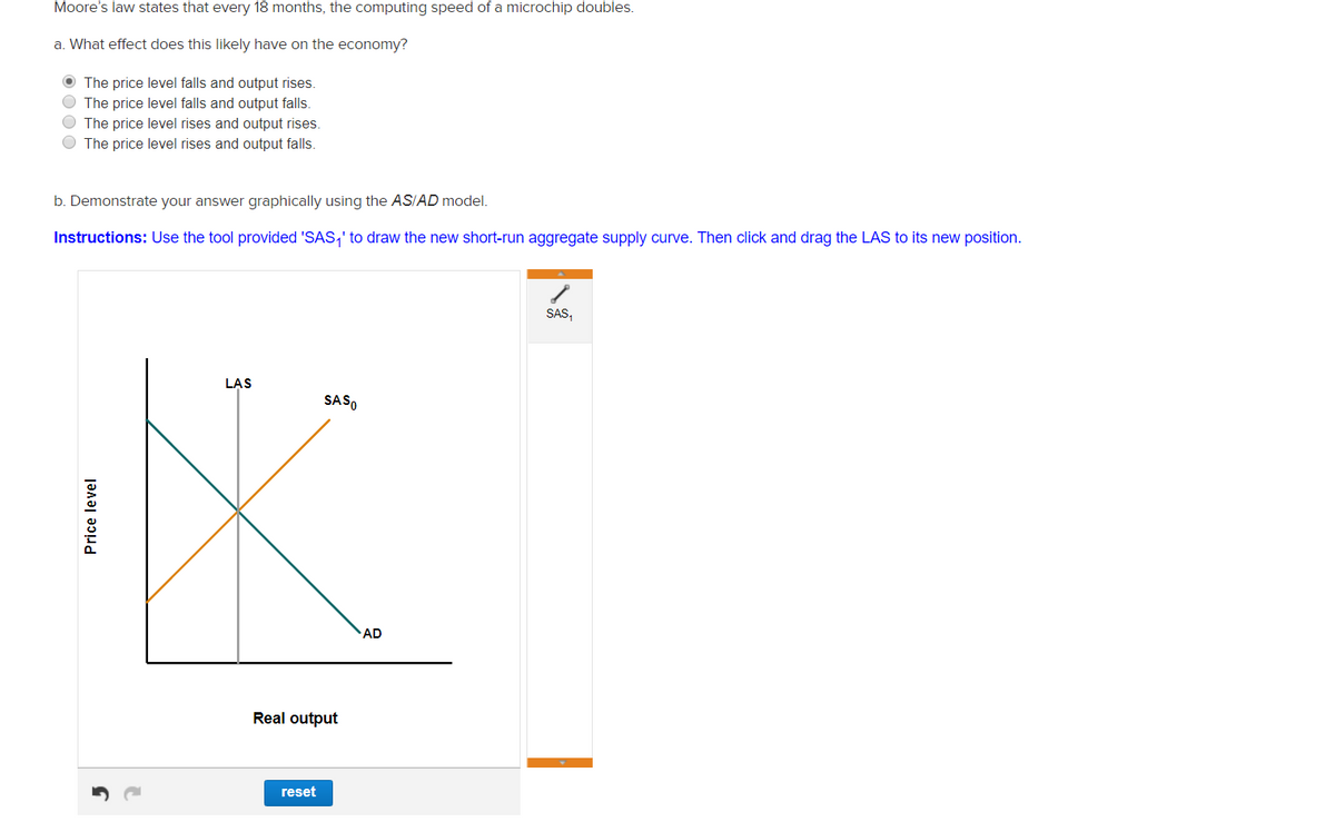 Moore's law states that every 18 months, the computing speed of a microchip doubles.
a. What effect does this likely have on the economy?
• The price level falls and output rises.
The price level falls and output falls.
The price level rises and output rises.
The price level rises and output falls.
b. Demonstrate your answer graphically using the AS/AD model.
Instructions: Use the tool provided 'SAS₁' to draw the new short-run aggregate supply curve. Then click and drag the LAS to its new position.
Price level
LAS
SASO
Real output
reset
AD
SAS,