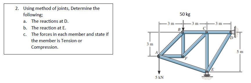 2. Using method of joints, Determine the
following;
50 kg
a. The reactions at D.
3 m
3 m
b. The reaction at E.
c. The forces in each member and state if
the member is Tension or
3 m
Compression.
5 m
5 kN
