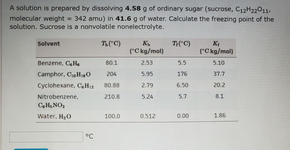 A solution is prepared by dissolving 4.58 g of ordinary sugar (sucrose, C12H22011,
molecular weight = 342 amu) in 41.6 g of water. Calculate the freezing point of the
solution. Sucrose is a nonvolatile nonelectrolyte.
%3D
Solvent
T (°C)
K
T:(°C)
KE
(°C kg/mol)
(°C kg/mol)
Benzene, C6 Hs
80.1
2.53
5.5
5.10
Camphor, C10 H160
204
5.95
176
37.7
Cyclohexane, C,H12
80.88
2.79
6.50
20.2
Nitrobenzene,
210.8
5.24
5.7
8.1
Cg H5 NO2
Water, H20
100.0
0.512
0.00
1.86
°C
