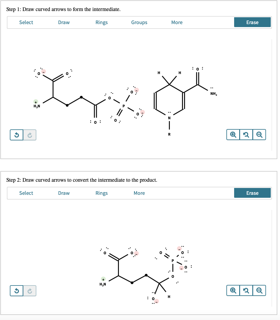 Step 1: Draw curved arrows to form the intermediate.
Select
Draw
Rings
Groups
More
Erase
: о :
H
NH,
H,N
:0 :
Step 2: Draw curved arrows to convert the intermediate to the product.
Select
Draw
Rings
More
Erase
H,N
