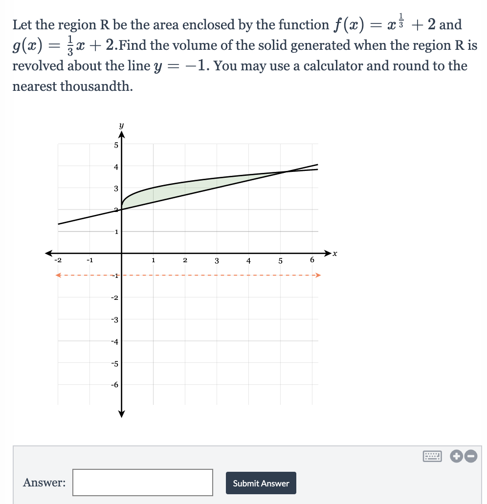 Let the region R be the area enclosed by the function f(x) = x + 2 and
g(x) = x + 2.Find the volume of the solid generated when the region R is
revolved about the line y = -1. You may use a calculator and round to the
nearest thousandth.
4
3
-2
-1
3
4
-2
-3
-4
-5
-6
Answer:
Submit Answer
