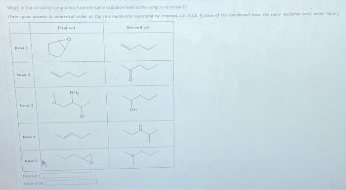 Which of the following compounds have the same oxidation level as the compound in row 17
(Enter your answer in numerical order as the row number(s) separated by commas, Le 2,3,5. If none of the compoands have the same oxidation level, write 'none')
Row 1
Row >
Row 3
Row 4
First set
Second set
First set
NH₂
Br
Second set
r
OH