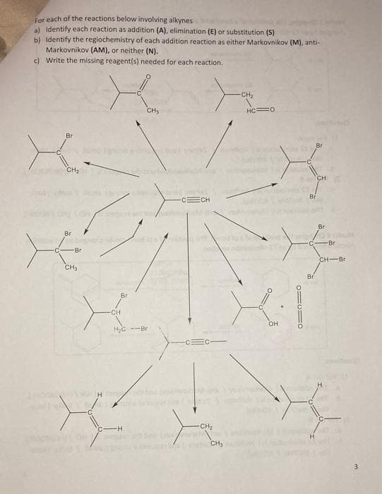 For each of the reactions below involving alkynes
a) Identify each reaction as addition (A), elimination (E) or substitution (S)
b) Identify the regiochemistry of each addition reaction as either Markovnikov (M), anti-
Markovnikov (AM), or neither (N).
c) Write the missing reagent(s) needed for each reaction.
Br
CH₂
Br
-Br
CH₂
Br
CH
H C --Br
CH₂
CECH
-CH₂
CH₂
-CH₂
HC 0
OH
O=3=
Br
Br
CH
Br
Br
CH-Bri
3